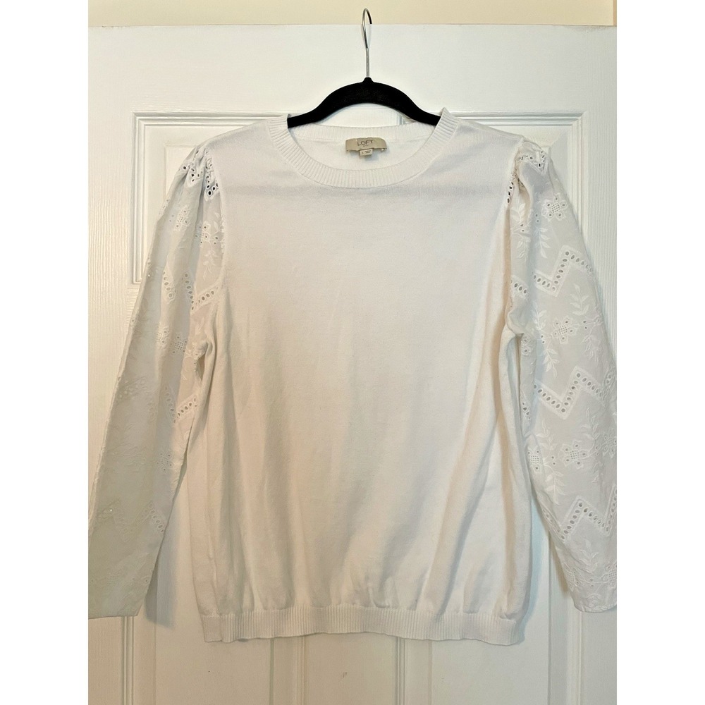 Loft sweater white top size large puff eyelet long sleevesโ office lightweight